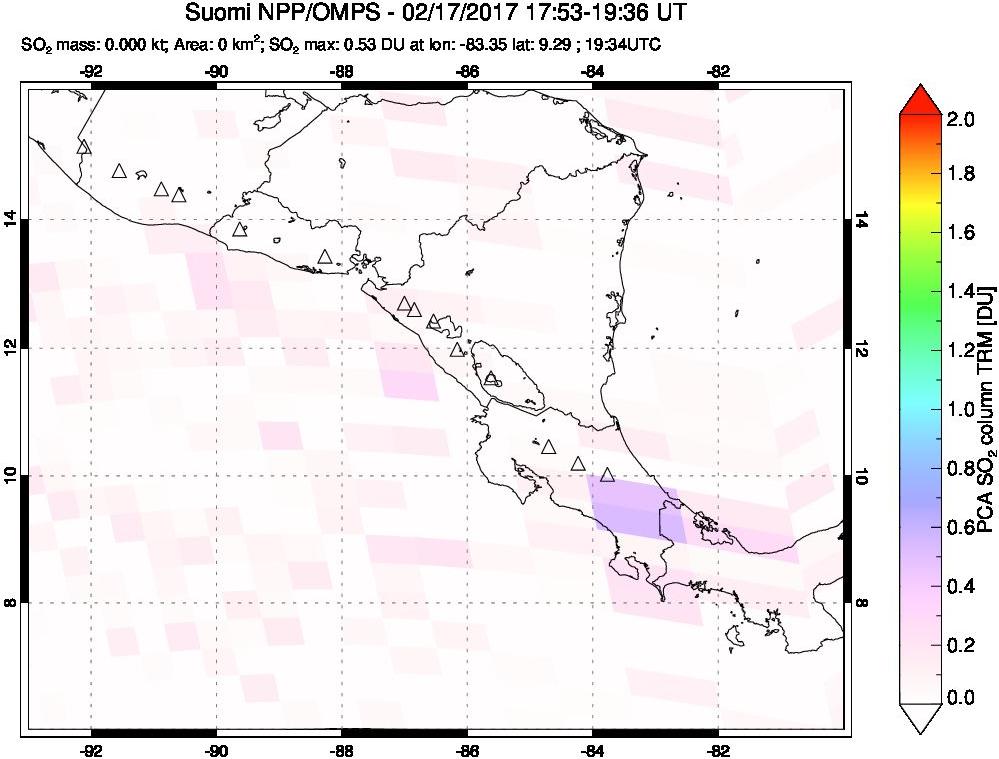 A sulfur dioxide image over Central America on Feb 17, 2017.