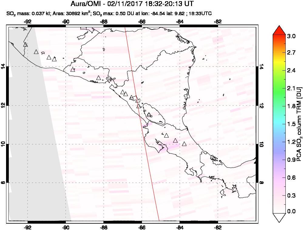 A sulfur dioxide image over Central America on Feb 11, 2017.