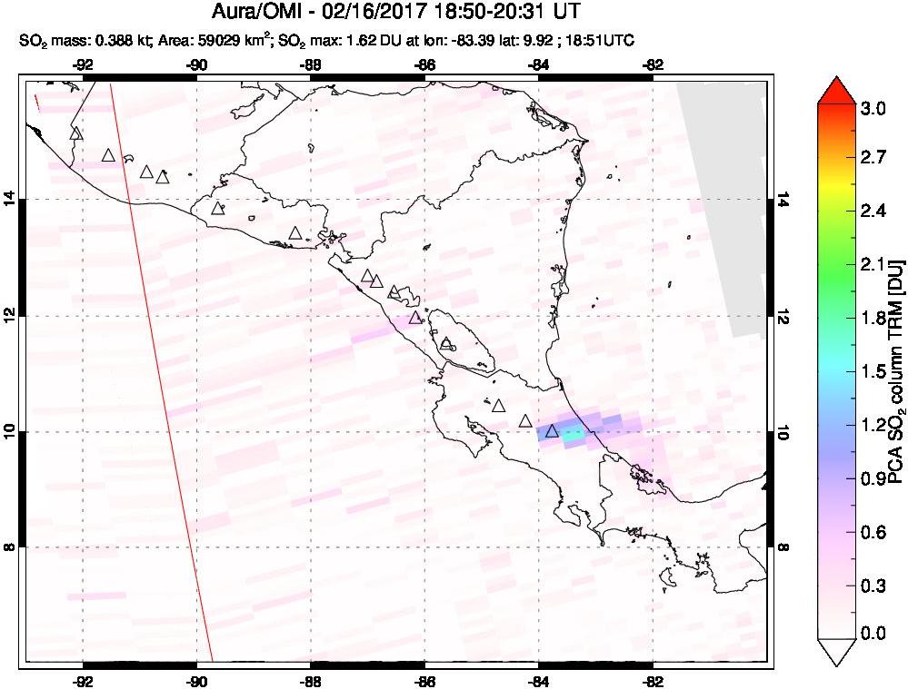 A sulfur dioxide image over Central America on Feb 16, 2017.