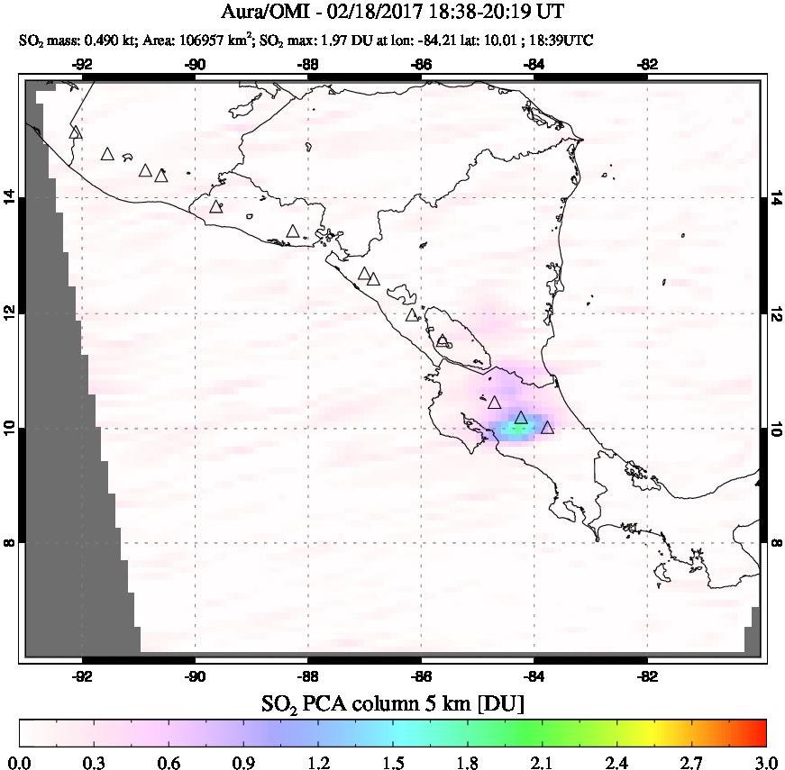 A sulfur dioxide image over Central America on Feb 18, 2017.