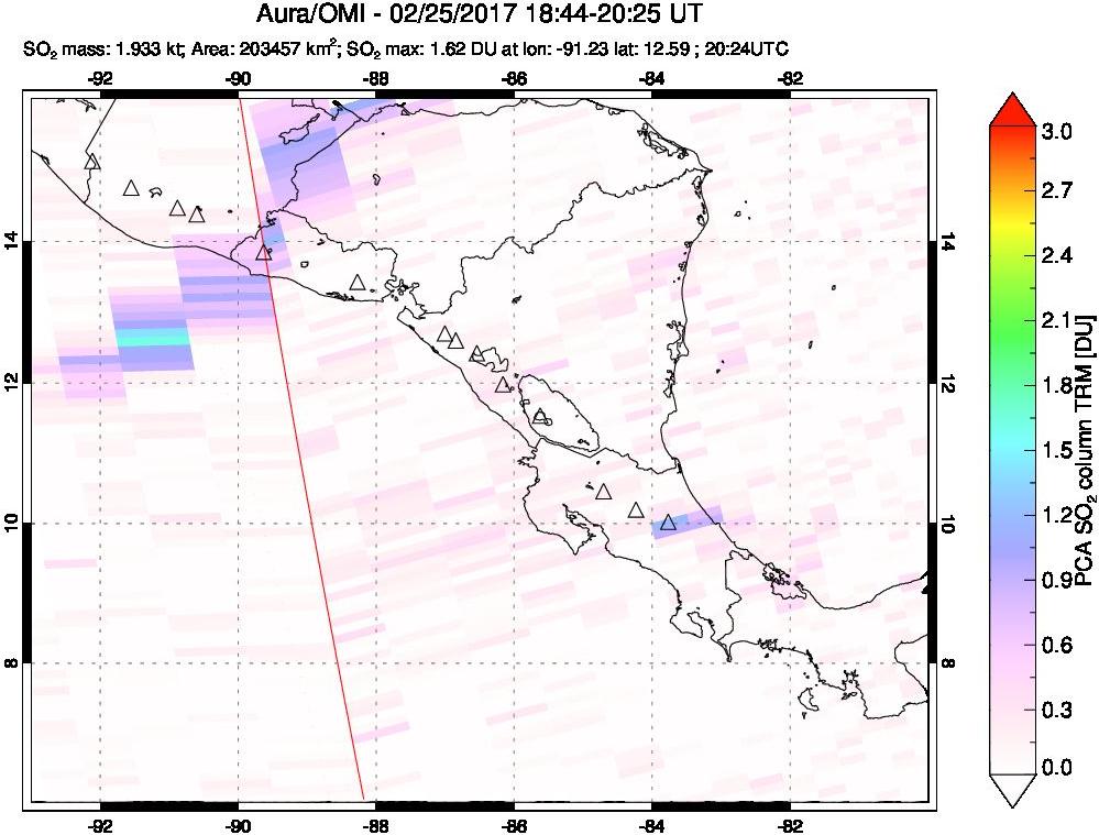 A sulfur dioxide image over Central America on Feb 25, 2017.