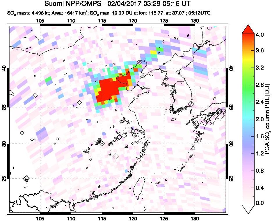 A sulfur dioxide image over Eastern China on Feb 04, 2017.