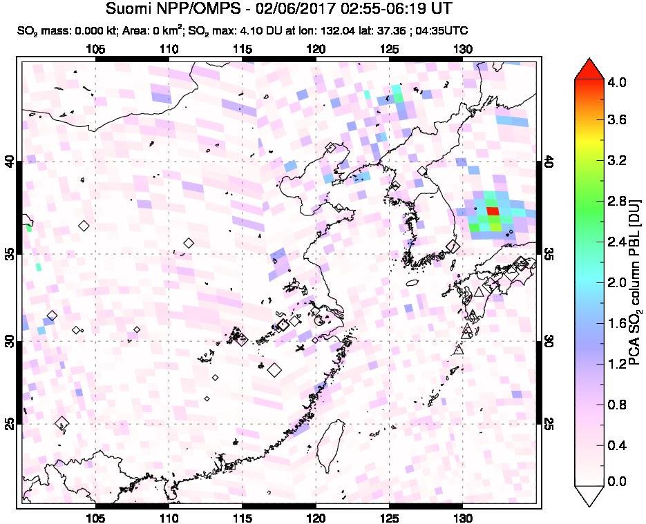A sulfur dioxide image over Eastern China on Feb 06, 2017.