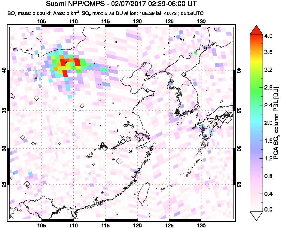 A sulfur dioxide image over Eastern China on Feb 07, 2017.