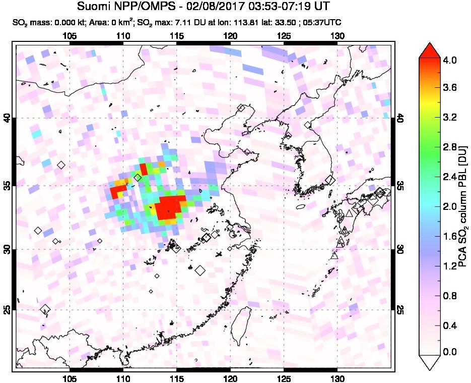 A sulfur dioxide image over Eastern China on Feb 08, 2017.