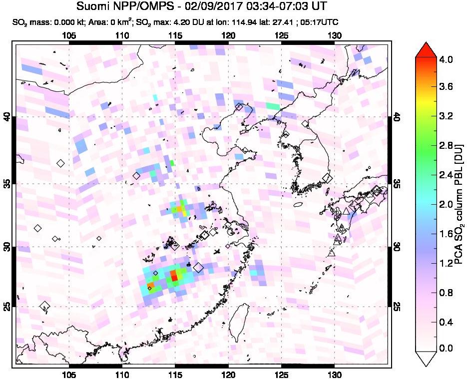 A sulfur dioxide image over Eastern China on Feb 09, 2017.