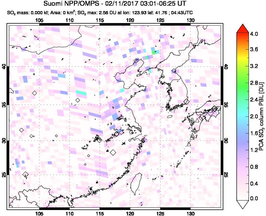 A sulfur dioxide image over Eastern China on Feb 11, 2017.