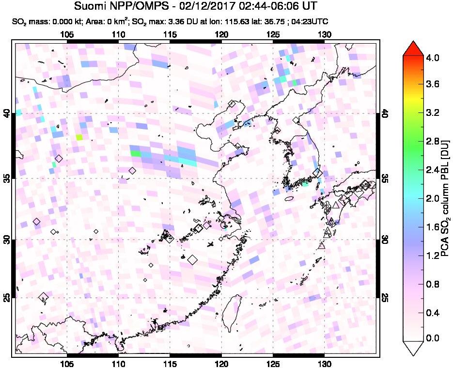 A sulfur dioxide image over Eastern China on Feb 12, 2017.