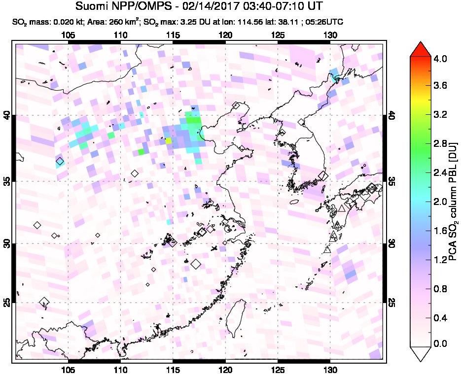 A sulfur dioxide image over Eastern China on Feb 14, 2017.