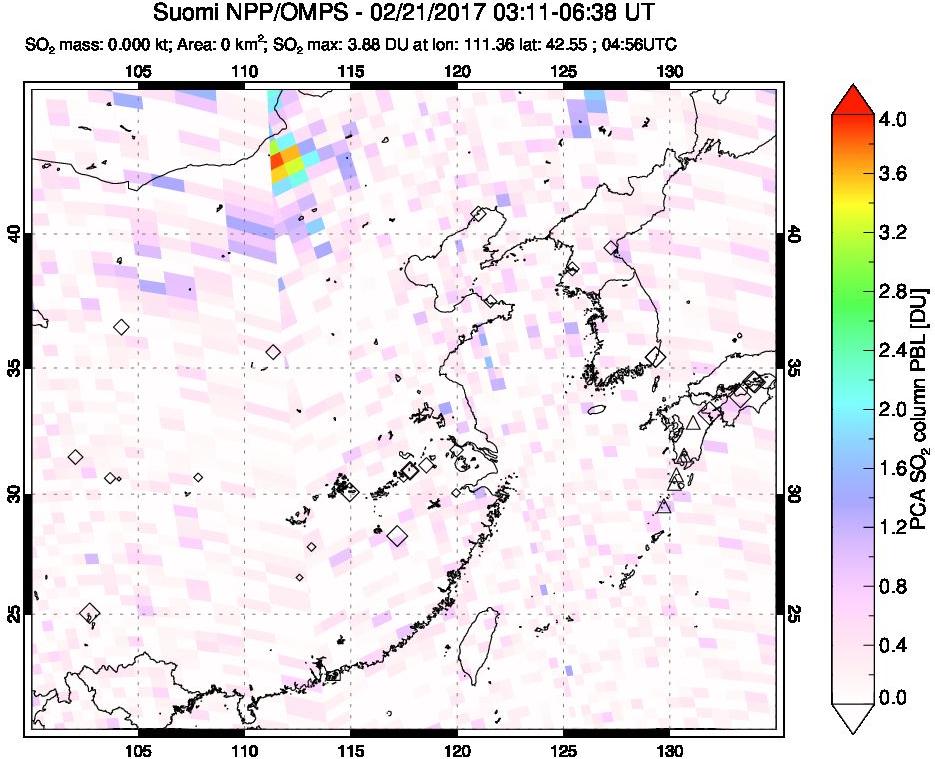 A sulfur dioxide image over Eastern China on Feb 21, 2017.