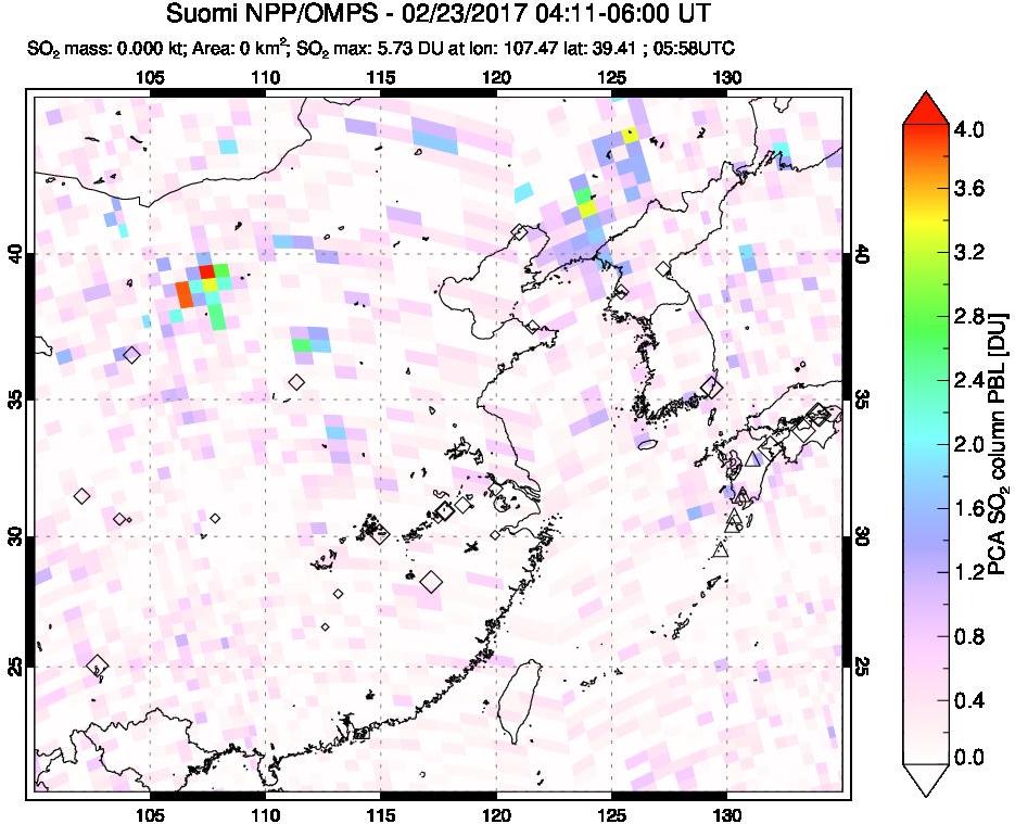 A sulfur dioxide image over Eastern China on Feb 23, 2017.