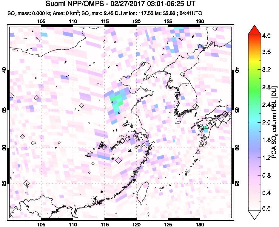 A sulfur dioxide image over Eastern China on Feb 27, 2017.
