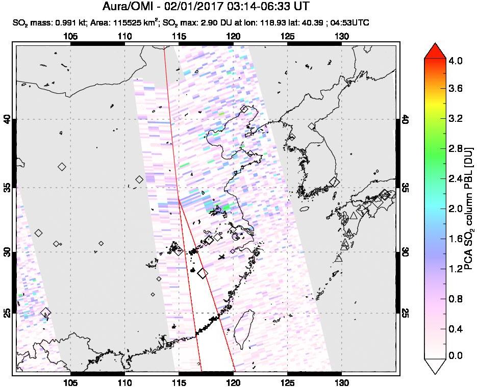 A sulfur dioxide image over Eastern China on Feb 01, 2017.