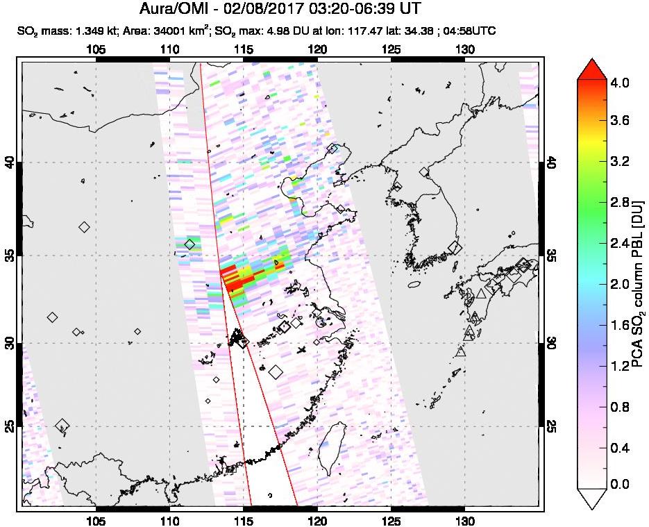 A sulfur dioxide image over Eastern China on Feb 08, 2017.