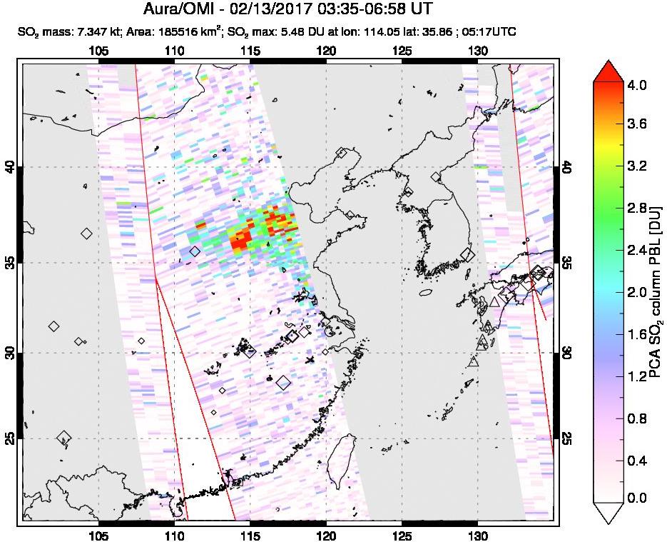 A sulfur dioxide image over Eastern China on Feb 13, 2017.