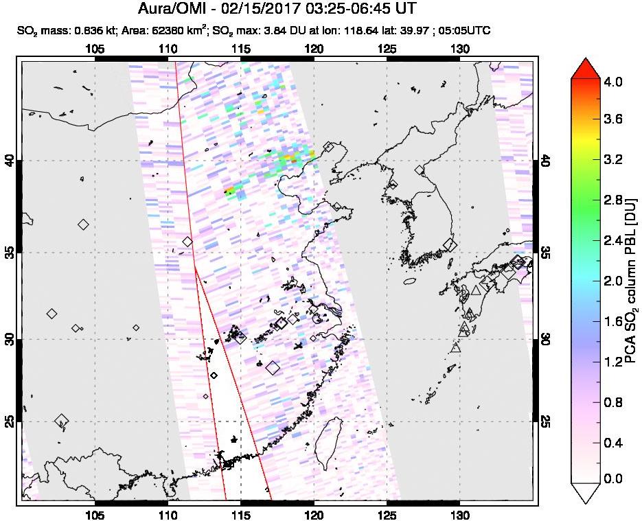 A sulfur dioxide image over Eastern China on Feb 15, 2017.