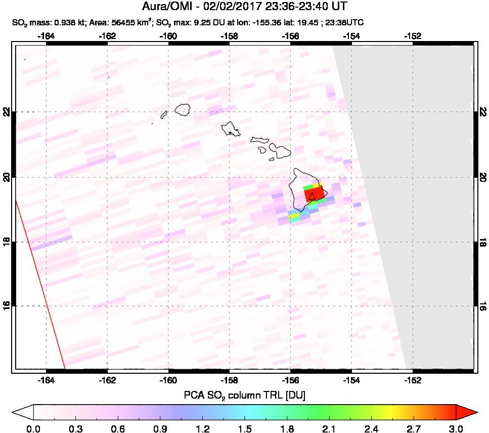 A sulfur dioxide image over Hawaii, USA on Feb 02, 2017.