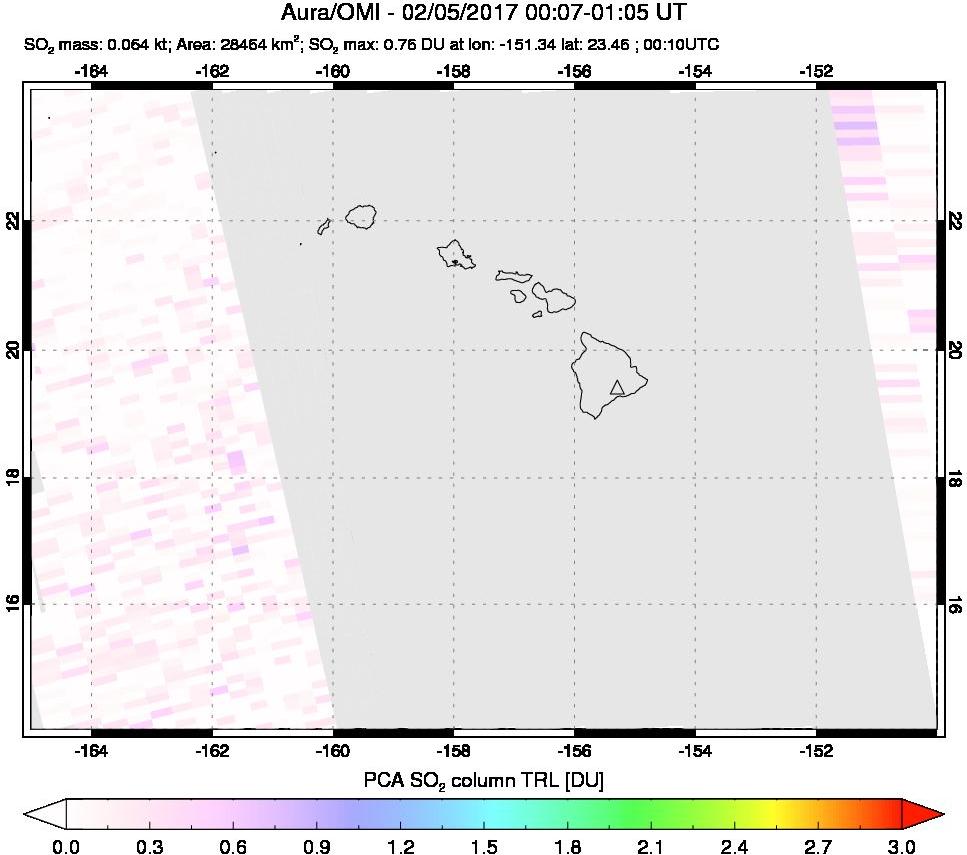 A sulfur dioxide image over Hawaii, USA on Feb 05, 2017.