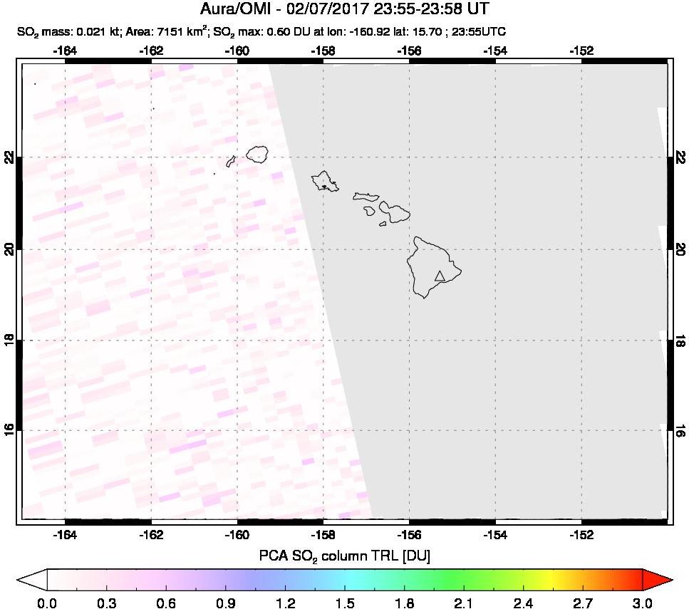 A sulfur dioxide image over Hawaii, USA on Feb 07, 2017.