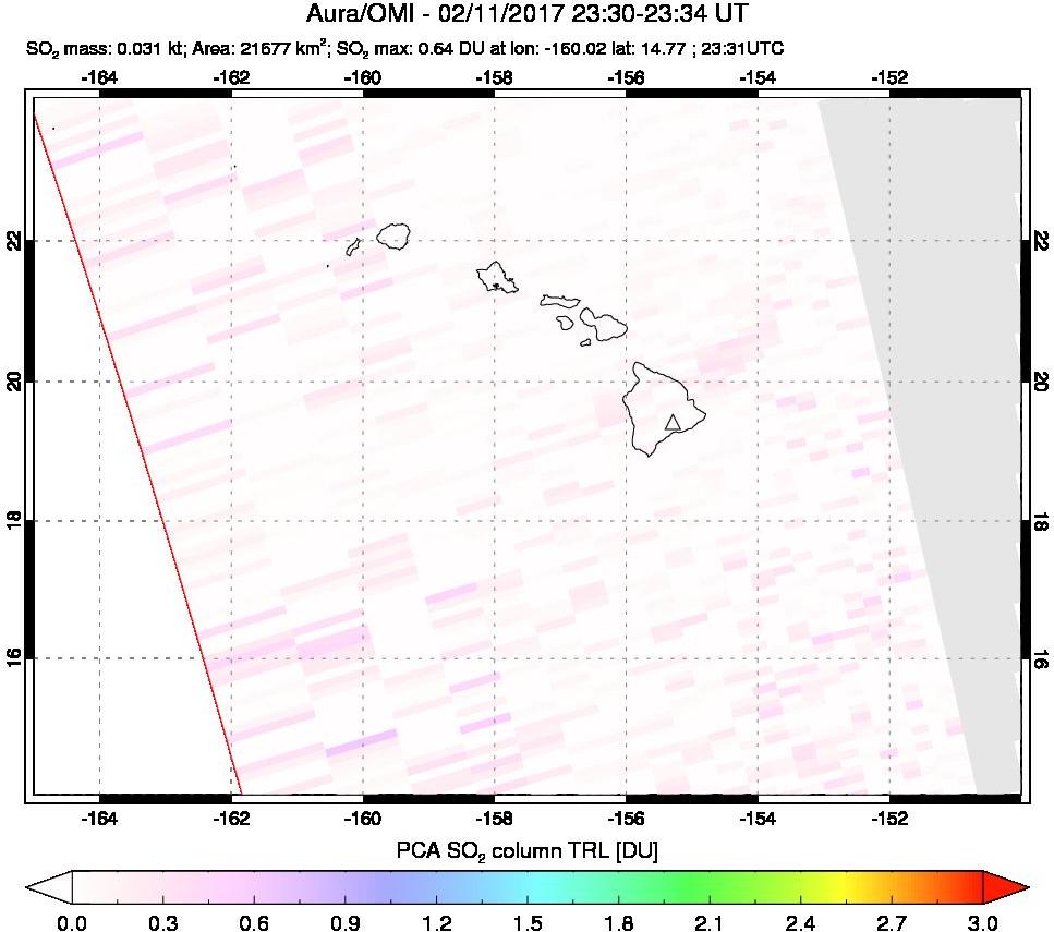 A sulfur dioxide image over Hawaii, USA on Feb 11, 2017.