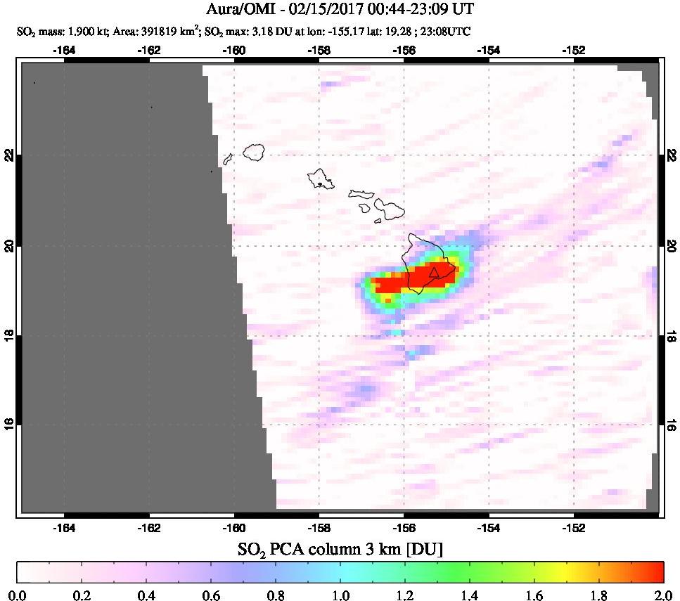 A sulfur dioxide image over Hawaii, USA on Feb 15, 2017.