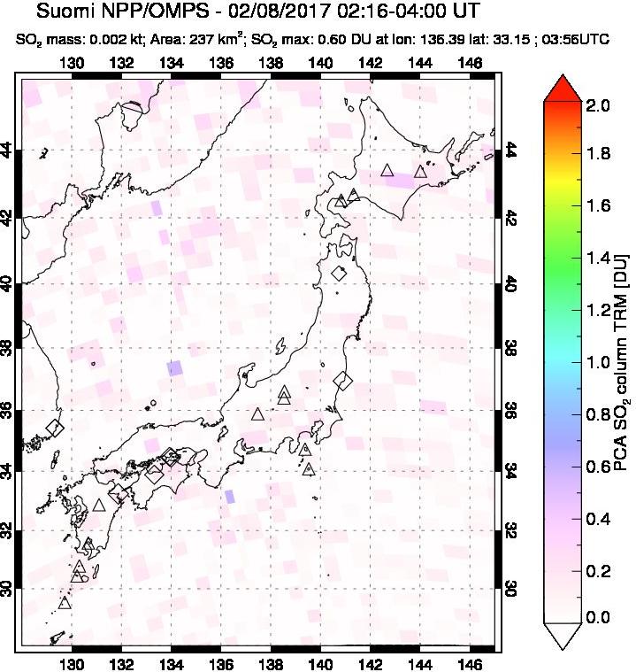 A sulfur dioxide image over Japan on Feb 08, 2017.