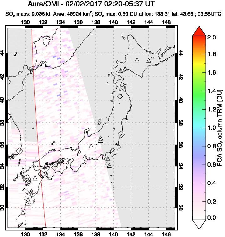 A sulfur dioxide image over Japan on Feb 02, 2017.