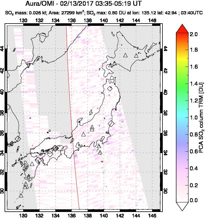 A sulfur dioxide image over Japan on Feb 13, 2017.