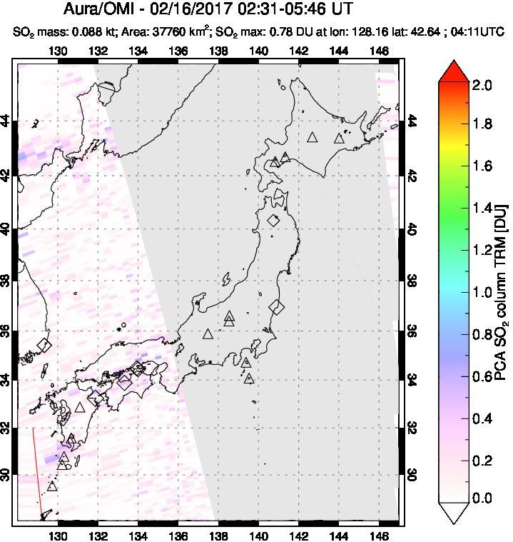 A sulfur dioxide image over Japan on Feb 16, 2017.