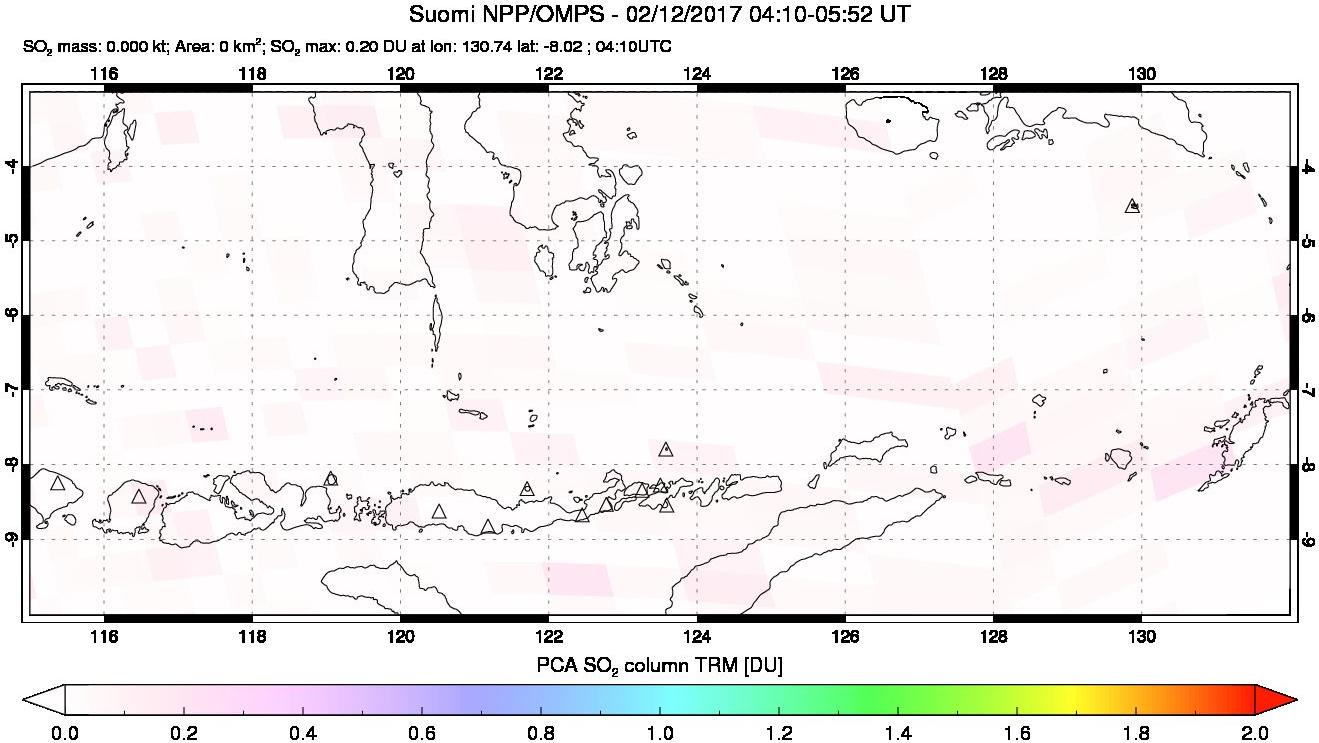 A sulfur dioxide image over Lesser Sunda Islands, Indonesia on Feb 12, 2017.