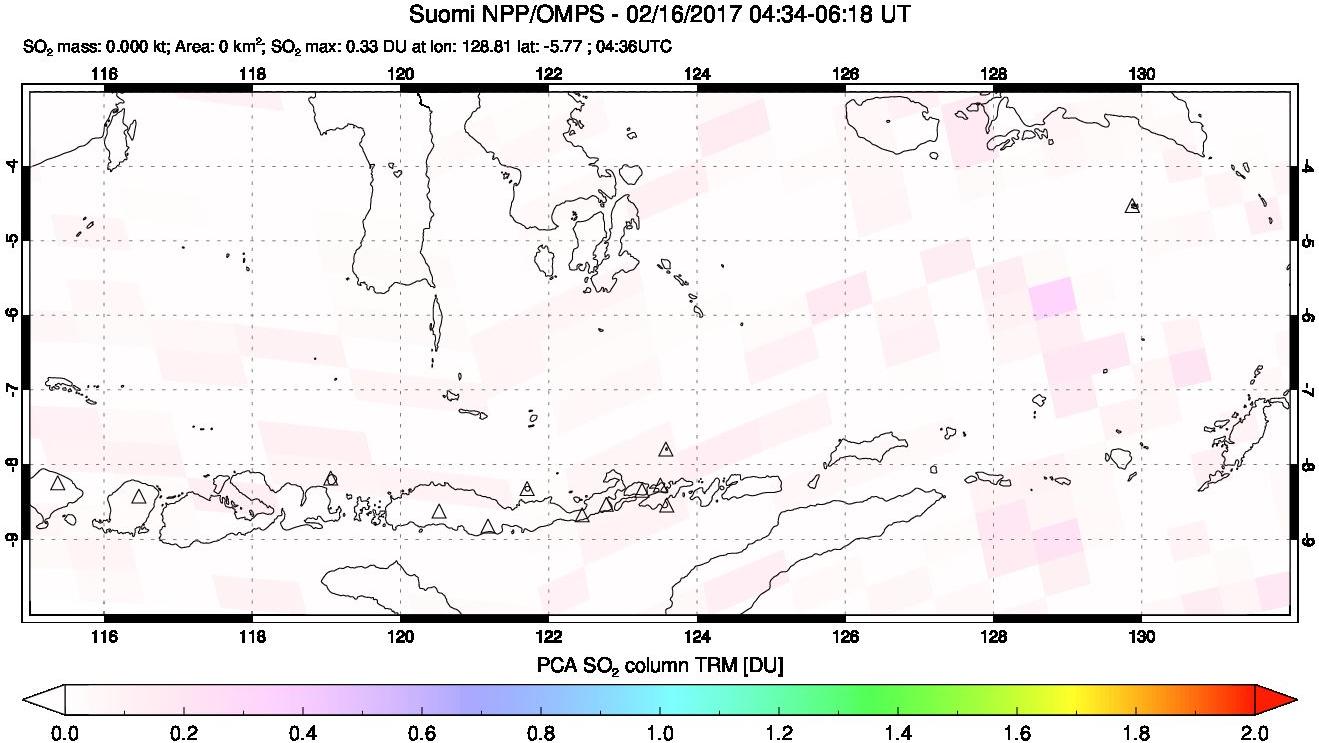 A sulfur dioxide image over Lesser Sunda Islands, Indonesia on Feb 16, 2017.