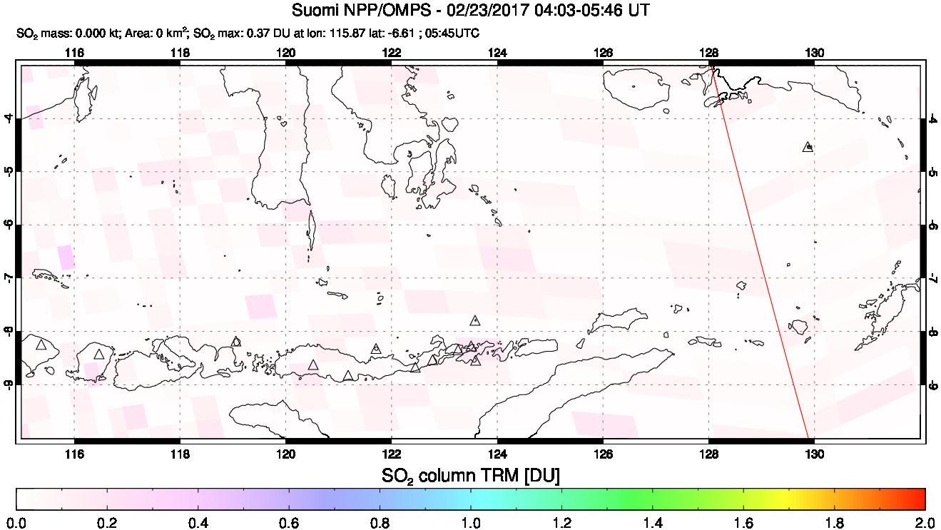 A sulfur dioxide image over Lesser Sunda Islands, Indonesia on Feb 23, 2017.