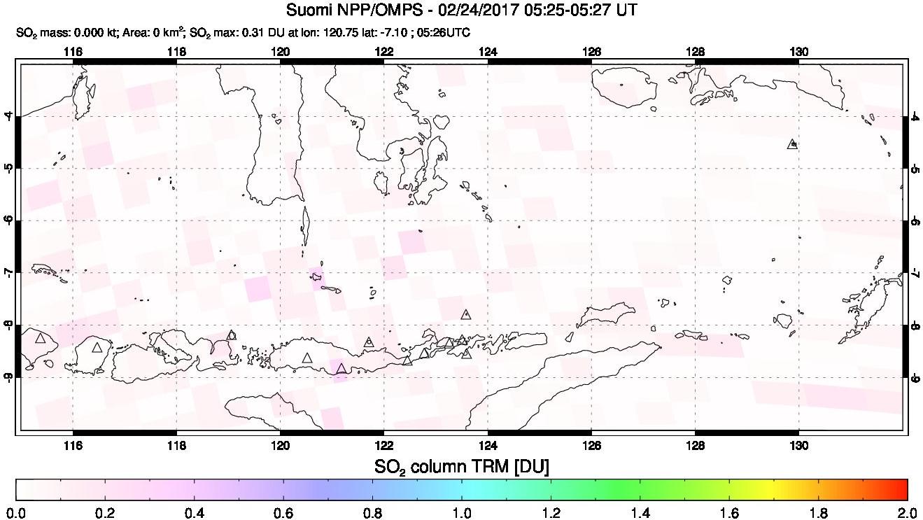 A sulfur dioxide image over Lesser Sunda Islands, Indonesia on Feb 24, 2017.