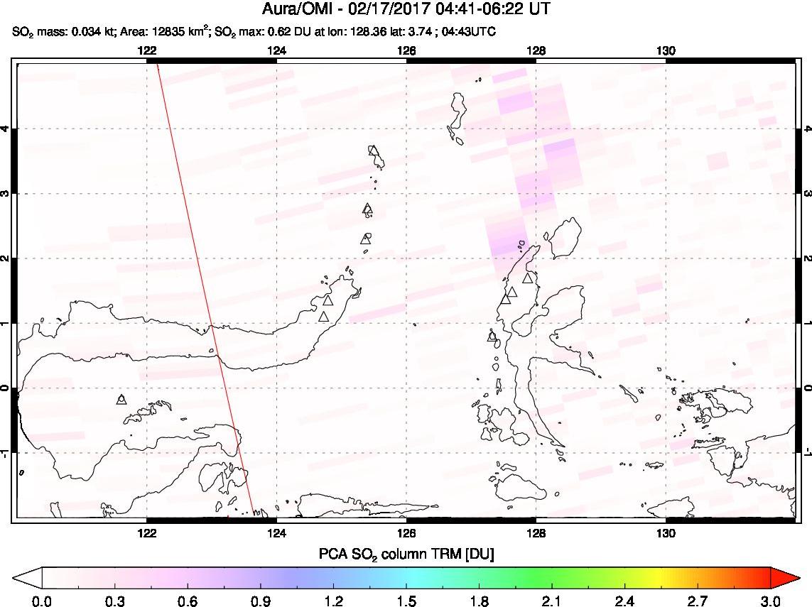 A sulfur dioxide image over Northern Sulawesi & Halmahera, Indonesia on Feb 17, 2017.