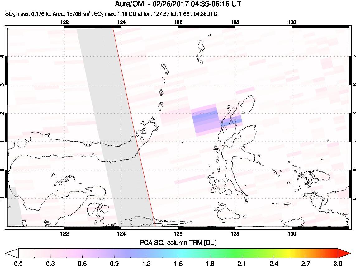 A sulfur dioxide image over Northern Sulawesi & Halmahera, Indonesia on Feb 26, 2017.