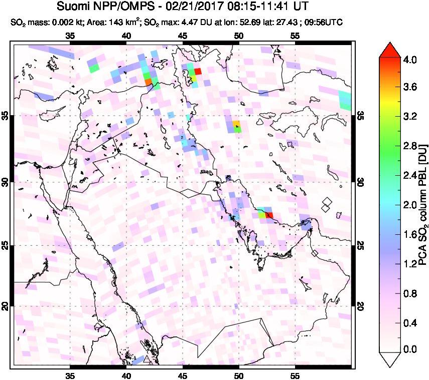 A sulfur dioxide image over Middle East on Feb 21, 2017.
