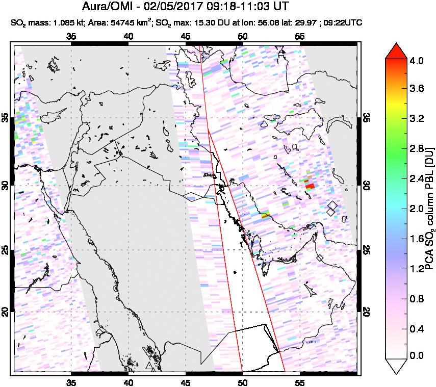 A sulfur dioxide image over Middle East on Feb 05, 2017.