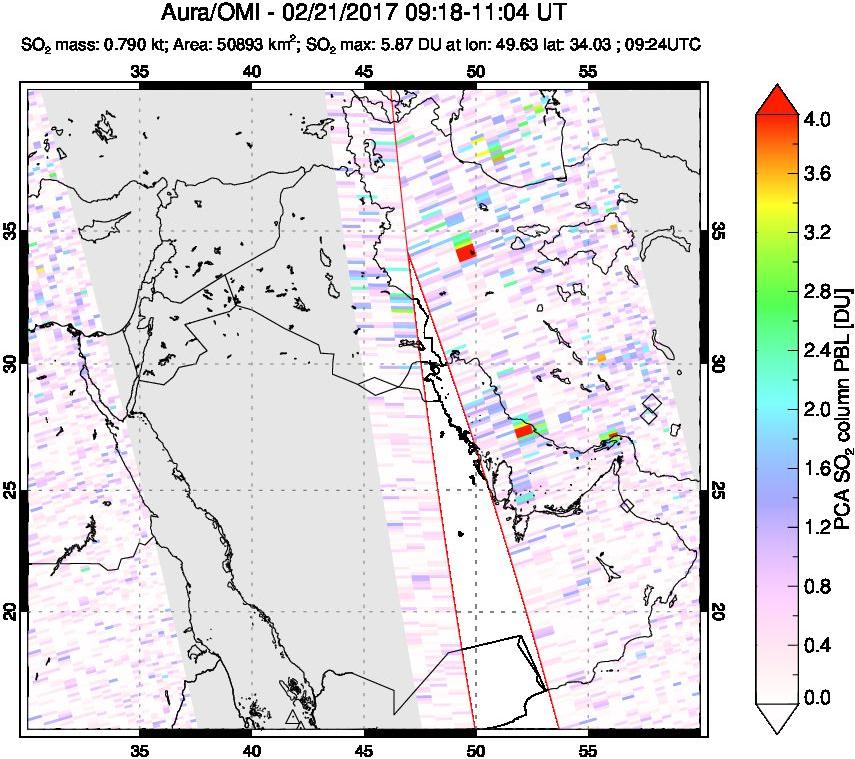 A sulfur dioxide image over Middle East on Feb 21, 2017.