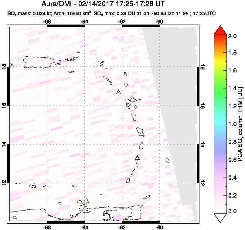 A sulfur dioxide image over Montserrat, West Indies on Feb 14, 2017.