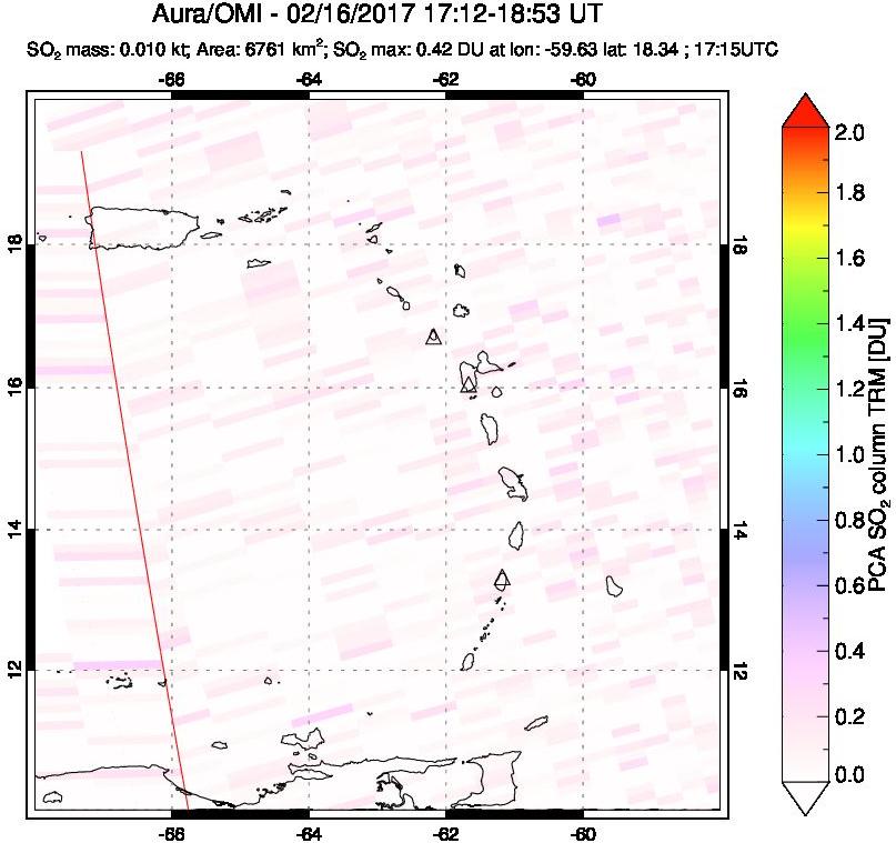 A sulfur dioxide image over Montserrat, West Indies on Feb 16, 2017.