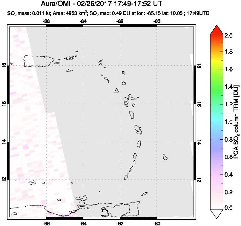 A sulfur dioxide image over Montserrat, West Indies on Feb 26, 2017.