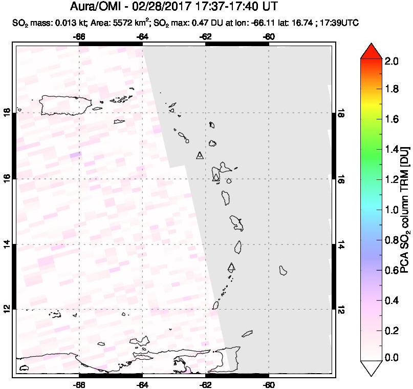 A sulfur dioxide image over Montserrat, West Indies on Feb 28, 2017.