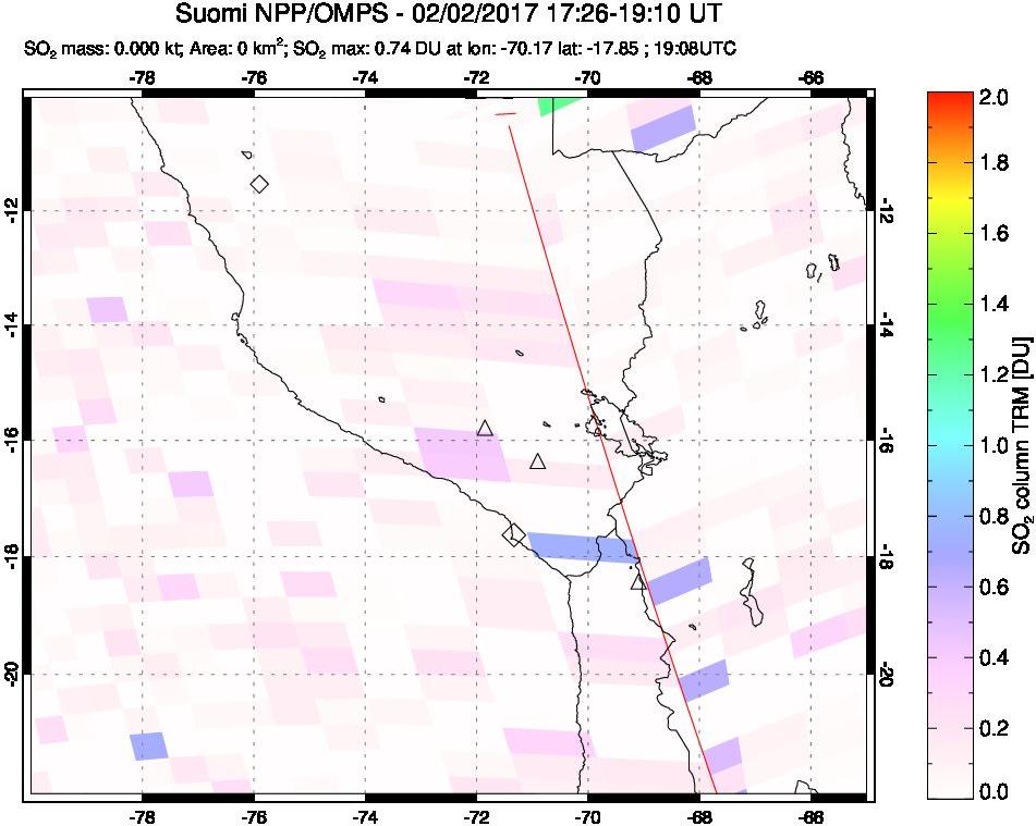 A sulfur dioxide image over Peru on Feb 02, 2017.