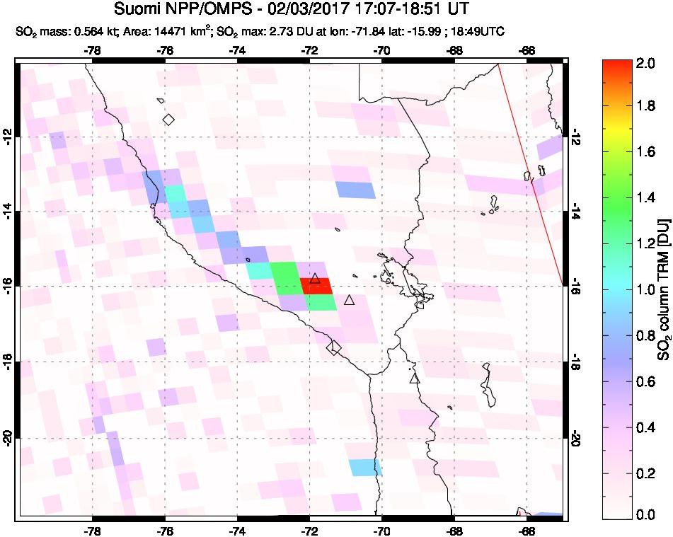 A sulfur dioxide image over Peru on Feb 03, 2017.