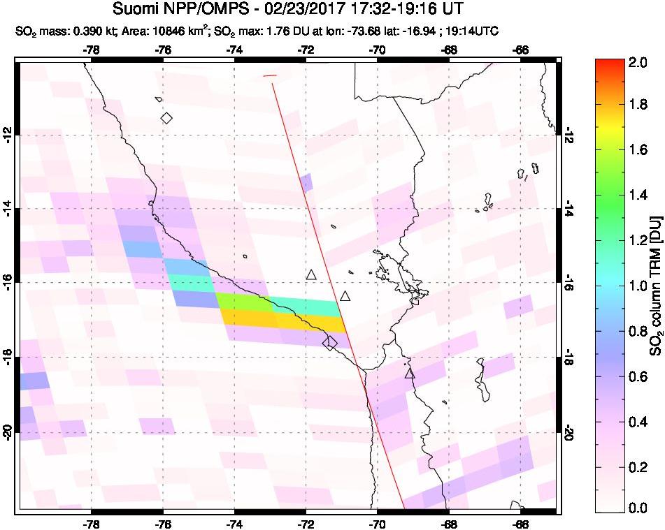 A sulfur dioxide image over Peru on Feb 23, 2017.