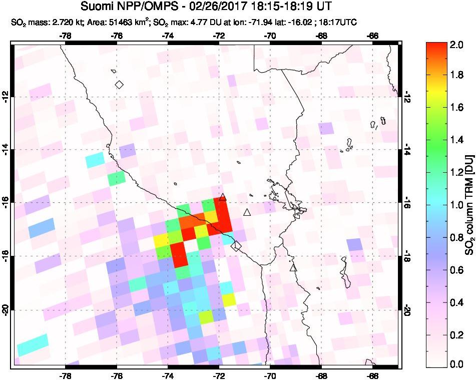 A sulfur dioxide image over Peru on Feb 26, 2017.