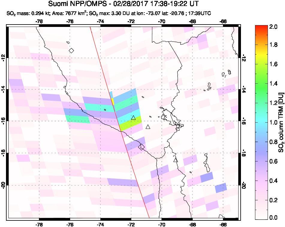 A sulfur dioxide image over Peru on Feb 28, 2017.