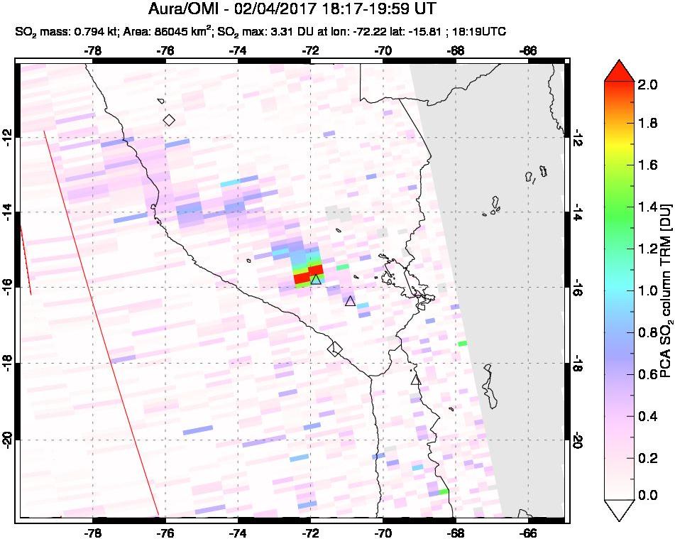 A sulfur dioxide image over Peru on Feb 04, 2017.