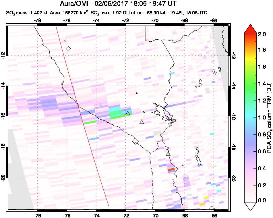 A sulfur dioxide image over Peru on Feb 06, 2017.