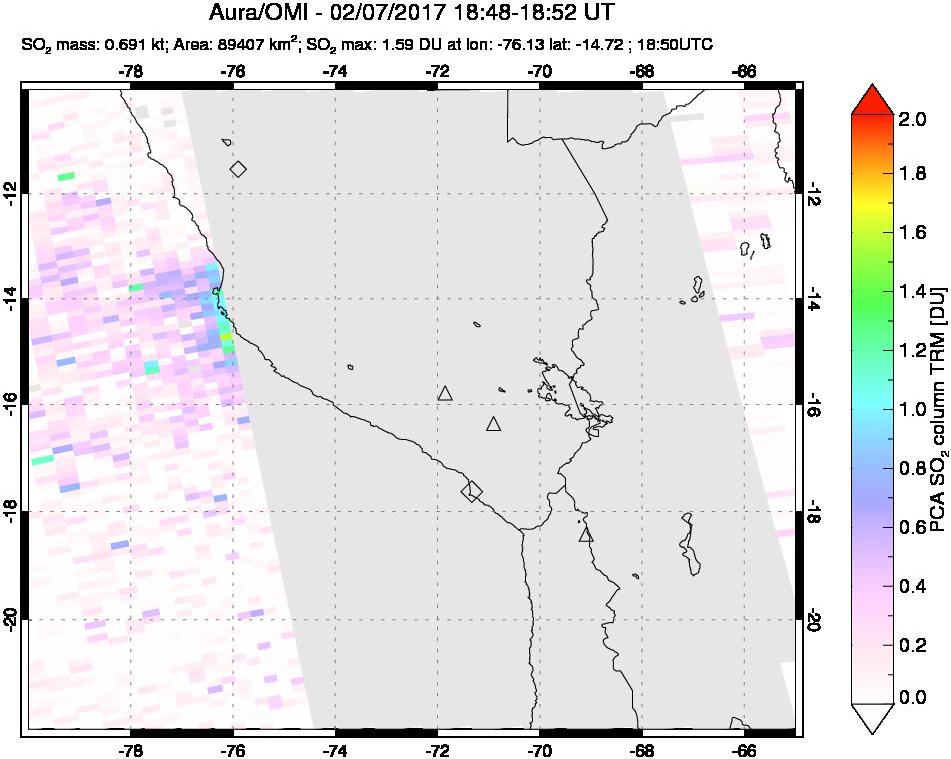 A sulfur dioxide image over Peru on Feb 07, 2017.